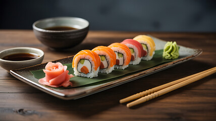 Colorful sushi rolls on a plate, served with soy sauce.
