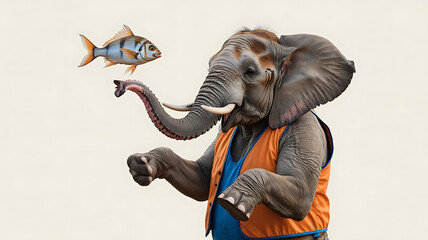 Elephant in vest, fish in the air, comical scene.
