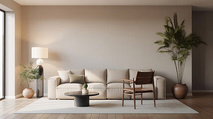 Beige living room with modern furniture and plants.
