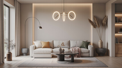 Modern beige living room with a sectional sofa, warm lighting, and neutral decor.
