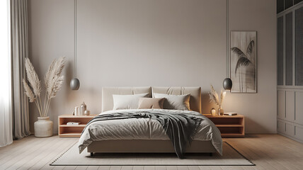 Beige bedroom with a comfortable bed, natural light, and warm decor.
