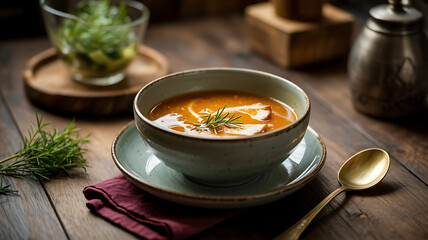 Bowl of creamy orange soup, garnished with dill.
