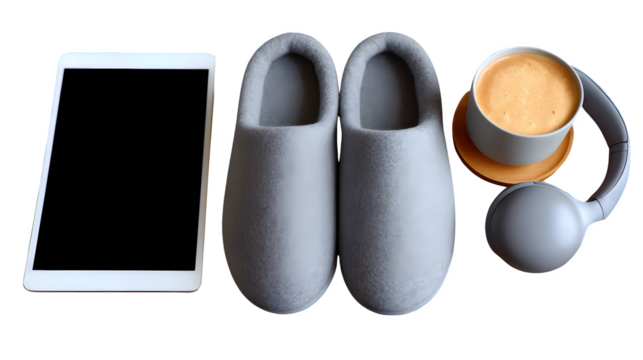Men? grey slippers beside tablet, headphones, and coffee, remote work from home theme, isolated, - Powered by Adobe
