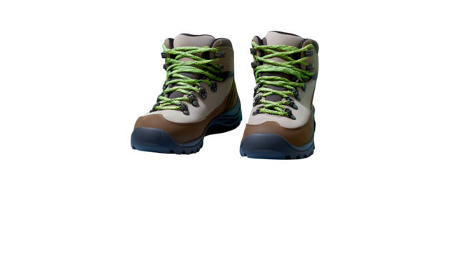 Men? hiking boots on an abstract floating white cube, front view, isolated,