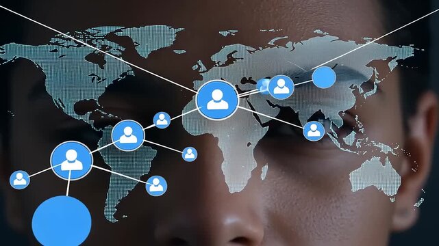 Close-up of a person's face with a digital world map overlay indicating global connectivity