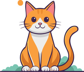 Cute cartoon orange and white cat sitting on a grassy area.