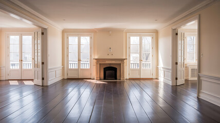 Obraz premium Empty grand room with polished dark wood floors and large windows. 