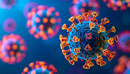 Microscopic View: Coronavirus with Distinctive Spikes and Textured Surface on Blue Background