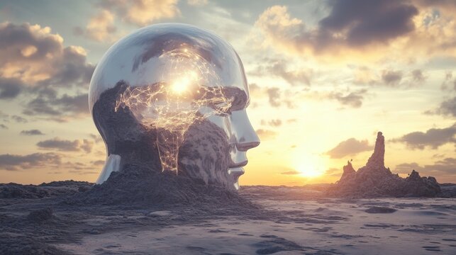 Metallic human head with visible brain in a desert landscape under a cloudy sky. - Powered by Adobe