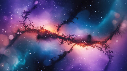 Vast cosmic nebulae, swirling colors, and scattered stars.
