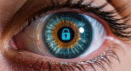 Cybersecurity concept with a futuristic eye scan and digital lock symbol.