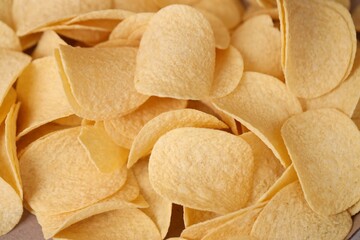 Homemade Flavored Paprika Potato Chips in a Bowl, top view. Flat lay