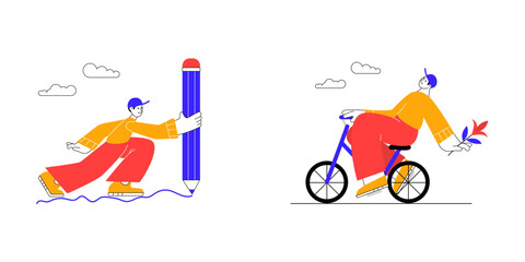 Cute funny people in trendy flat style. Schoolboy, student with pencil, boy on bicycle. Vector illustrations on theme of education and leisure