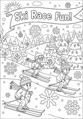 children compete in ski races. coloring book