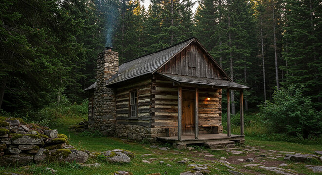 A small, rustic log cabin with a stone chimney and smoke rising, nestled in a serene forest setting with a stone pathway leading to the entrance.