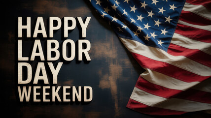 Fototapeta premium Happy labor day weekend text with american flag on a dark background