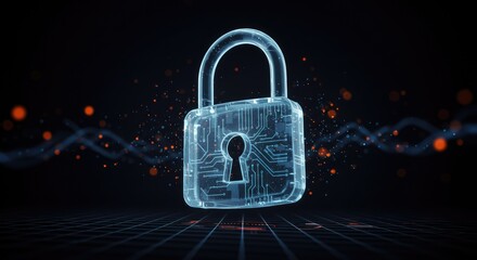 Digital transparent lock with circuit board pattern on dark background for technology and safety concepts