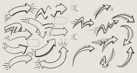 Fototapeta premium Collection of hand drawn sketchy arrows in various directions and styles on a textured light background representing movement and direction