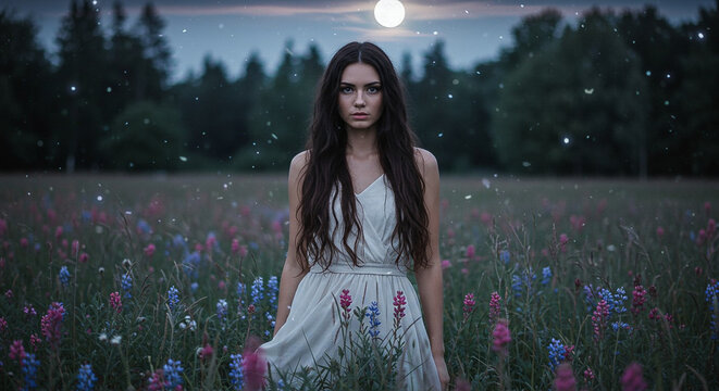 Young woman in a white dress standing in a colorful field of flowers at dusk with a full moon rising behind her.