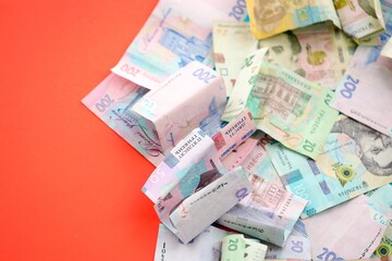 Big amount of Ukrainian hryvnia money bills. Pile of crumpled ukrainian banknotes