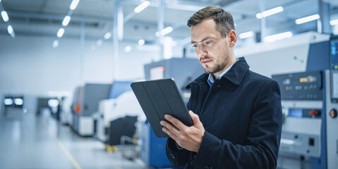 Industrial engineer using tablet in high-tech manufacturing facility, digital factory workflow