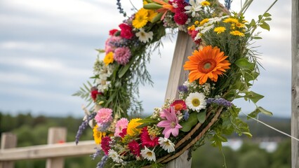 Obraz premium A colorful flower wreath. summer solstice symbol. midsummer celebration.