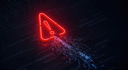 Digital warning neon triangle sign on circuit board technology illustration