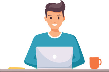 Smiling young man working on a laptop, with a coffee mug nearby.