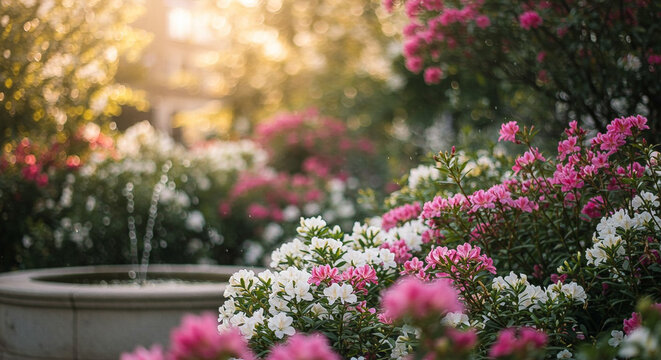 Serene garden scene with vibrant pink and white flowers, a small fountain, and lush greenery in warm, soft sunlight.