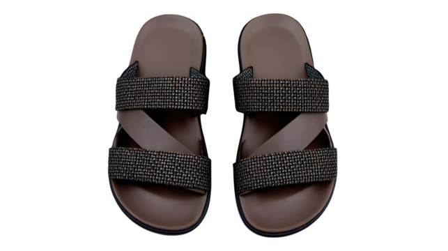 Men? mesh sandals top-down view, with minimal dry grass under soles, white background,