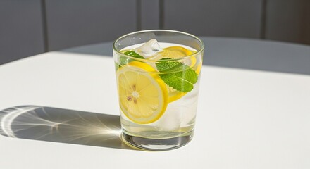 Refreshing glass of water with lemon slices and mint, illuminated by sunlight.
