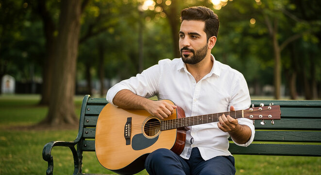 A man sits on a park bench playing an acoustic guitar with trees in the background on a sunny day.
