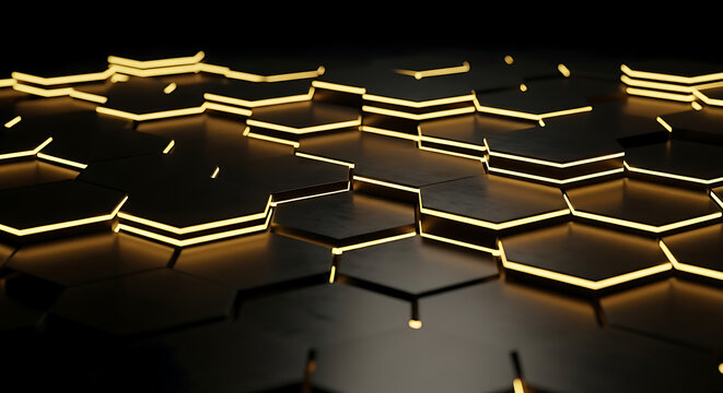 Glowing golden hexagons form a futuristic, abstract landscape.