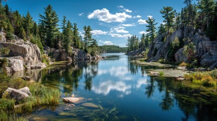 Obraz premium Picturesque scene showcasing a calm lake mirroring sky and framing rocky shores with lush trees