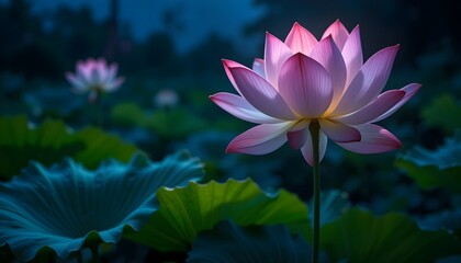 A serene lotus flower blooms gracefully under the night sky, illuminated by soft moonlight, symbolizing purity, peace, and natural beauty in a tranquil setting