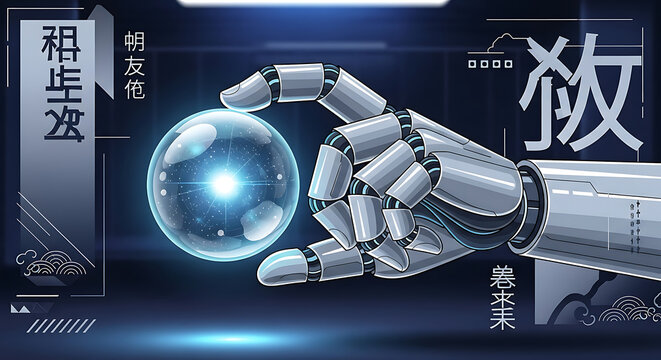 Robotic hand gently cradles glowing orb, futuristic technology concept.
