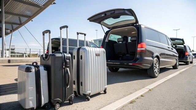 Suitcases and luggage in front of a minivan. ready for airport transfer