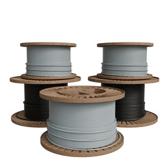 Four spools of cable, two black and two light gray, neatly stacked, showcasing varying lengths.  Wooden spools with visible cable layers.  Clean, studio-lit product shot