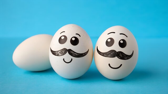 Two eggs with mustaches celebrating National Egg Day on blue background