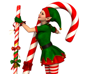 Smiling Elf Holding a Candy Cane Staff, Front Angle, Transparent Background PNG
