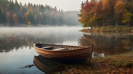 A wooden rowboat rests quietly on the shore of a misty lake, surrounded by autumn forest colors and tranquil reflections, evoking serenity in a peaceful fall landscape