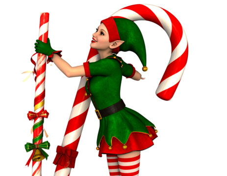 Smiling Elf Holding a Candy Cane Staff, Front Angle, Transparent Background PNG
