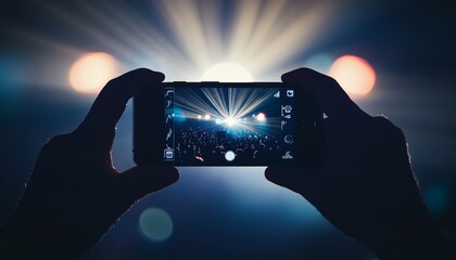 Concert Goer Capturing a Stage Performance on Their Phone Amidst Bright Lights and Crowd Excitement