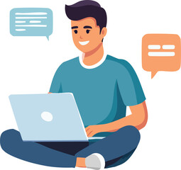 Smiling young man sits cross-legged, using a laptop, surrounded by speech bubbles.