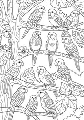Fototapeta premium a flock of parrots on the branches of a tree. coloring book