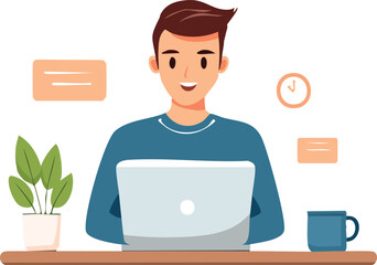 A smiling man working on a laptop at a desk.