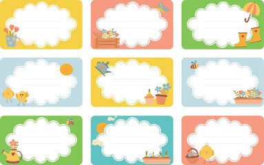 Colorful  school labels with cartoon flowers, suns, chicks, butterflies, bees on the transparent background.  Shaped classroom labels.