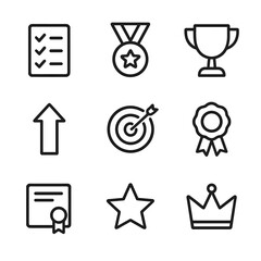 Achievement Icons Grid. Outline icon set of yay achievements: checklist, medal, trophy, upward arrow, target, ribbon, certificate,