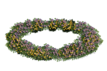 An elliptical floral arrangement featuring a dense, interwoven mix of purple, yellow, and green blooms, creating a lush, continuous wreath-like form.  The flowers are densely packed