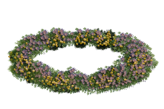 An elliptical floral arrangement featuring a dense, interwoven mix of purple, yellow, and green blooms, creating a lush, continuous wreath-like form.  The flowers are densely packed